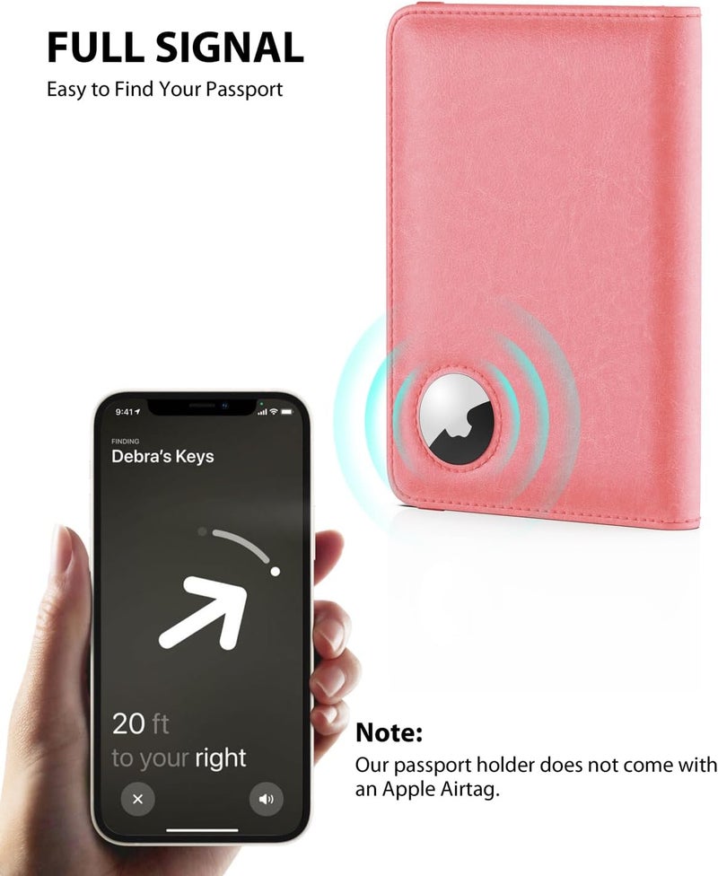 Stouchi حامل جواز سفر AirTag، حامل جواز سفر لطيف مع فتحة AirTag، غلاف محفظة جواز سفر RFID للنساء، غلاف واقي لجواز السفر من الجلد للعائلة، أساسيات السفر المضادة للفقد، وردي - Image 3